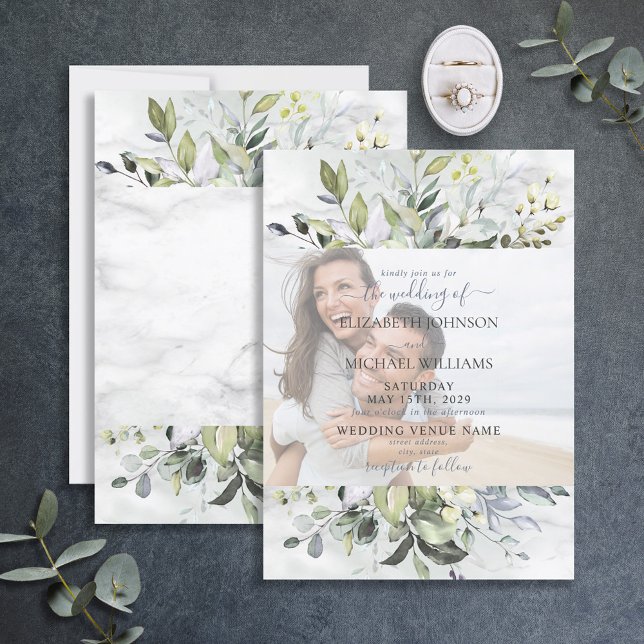 Dusty Blue Eucalyptus Greenery Marble Photo Invitation (Creator Uploaded)