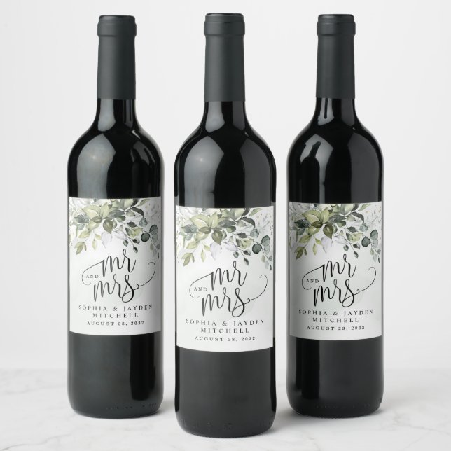 Dusty Blue Eucalyptus Greenery  Mr and Mrs Wedding Wine Label (Bottles)