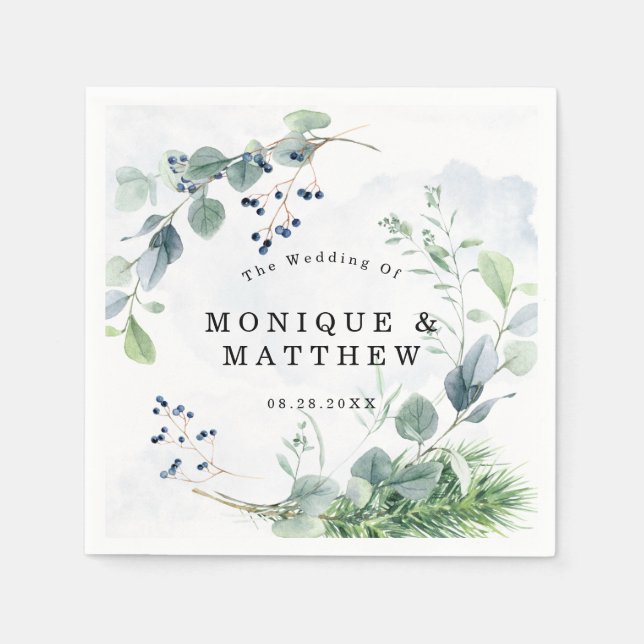 Dusty Blue Eucalyptus Greenery Rustic Wedding Napkin (Front)