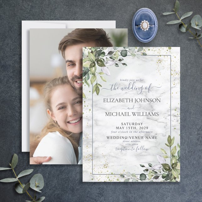 Dusty Blue Eucalyptus Greenery Succulent Photo Invitation (Creator Uploaded)