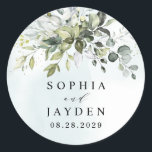 Dusty Blue Eucalyptus Greenery Succulent Wedding Classic Round Sticker<br><div class="desc">This design is available with two different dusty blue shades.  One option is more dustier than the other and leans towards a grey-dusty blue.  This one that you are currently viewing leans more towards blue for the watercolor splashes.  Compare each on-screen preview for a perfect match when it comes to...</div>