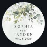 Dusty Blue Eucalyptus Greenery Succulent Wedding Classic Round Sticker<br><div class="desc">Design features a bouquet of watercolor greenery,  eucalyptus and a succulent over a dusty blue watercolor splash. Design also features specks of painted (printed) gold and green. View the collection link on this page to see all of the matching items in this beautiful design.</div>