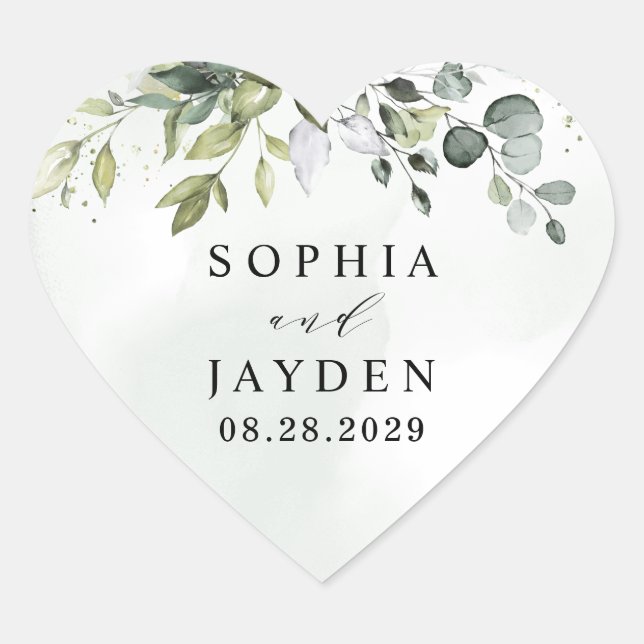 Dusty Blue Eucalyptus Greenery Succulent Wedding Heart Sticker (Front)
