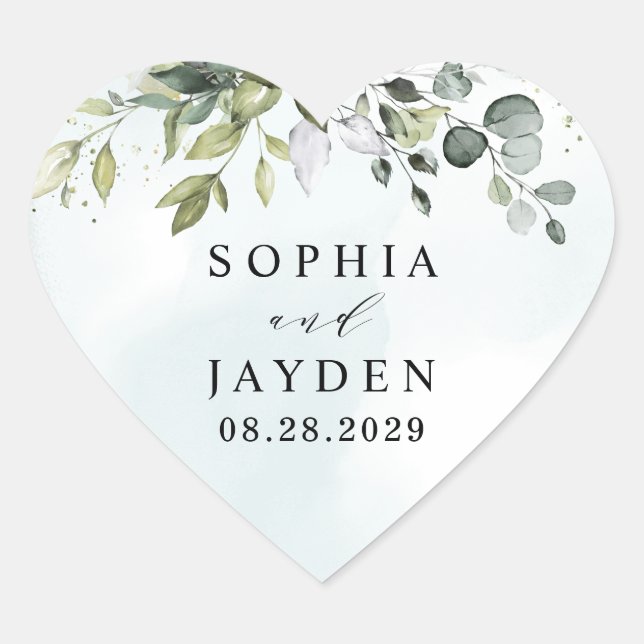 Dusty Blue Eucalyptus Greenery Succulent Wedding Heart Sticker (Front)