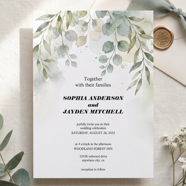 Dusty Blue Eucalyptus Greenery Succulent Wedding I Invitation (Creator Uploaded)
