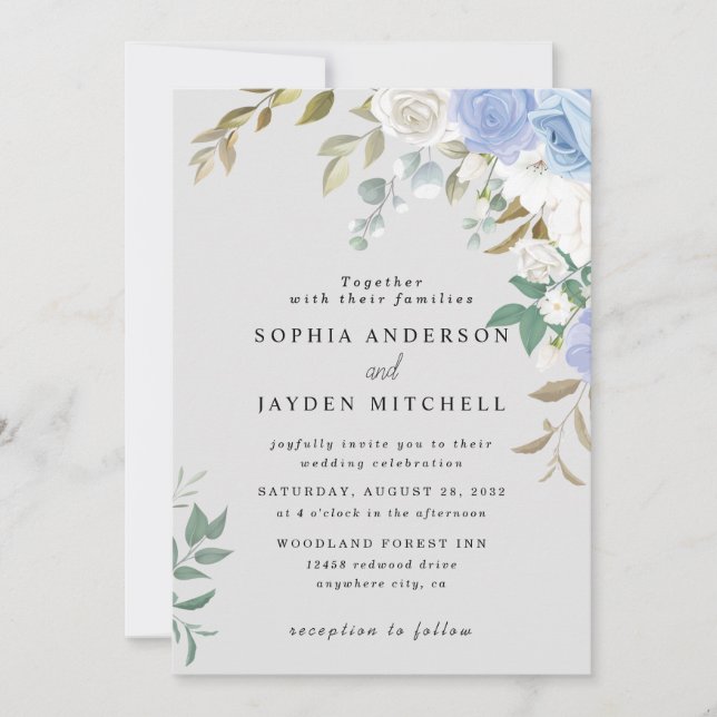Dusty Blue Eucalyptus Greenery Succulent Wedding Invitation (Front)