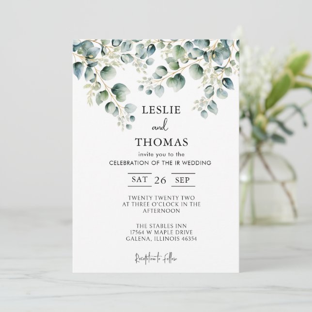 Dusty Blue Eucalyptus Greenery Succulent Wedding  Invitation (Standing Front)