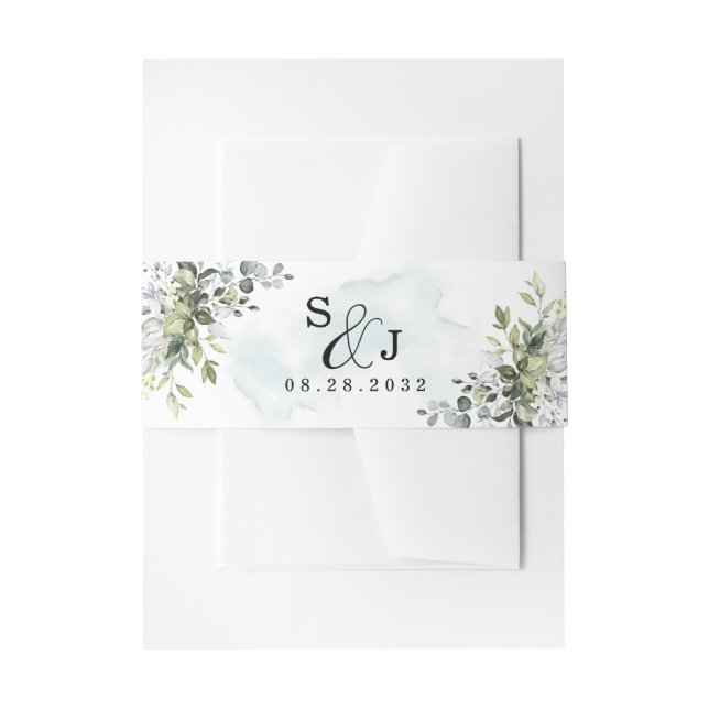 Dusty Blue Eucalyptus Greenery Succulent Wedding Invitation Belly Band (Front Example)