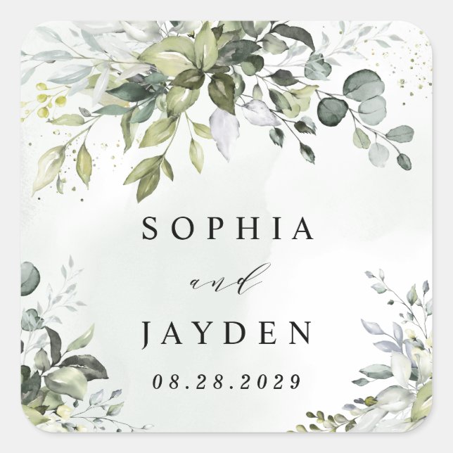 Dusty Blue Eucalyptus Greenery Succulent Wedding Square Sticker (Front)