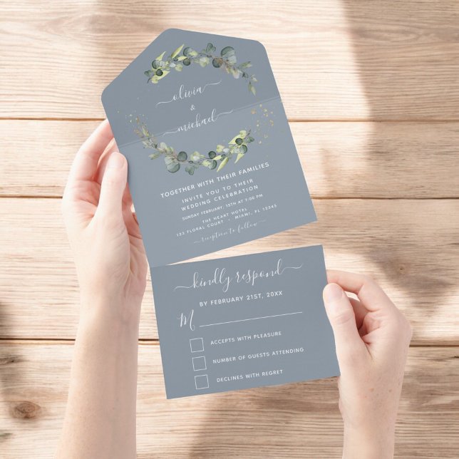 Dusty Blue Eucalyptus Greenery Wedding Elegant All In One Invitation (Creator Uploaded)