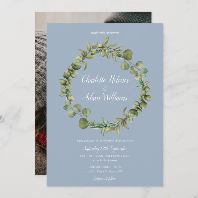 Dusty Blue Eucalyptus Greenery Wedding Photo Invitation (Front/Back)