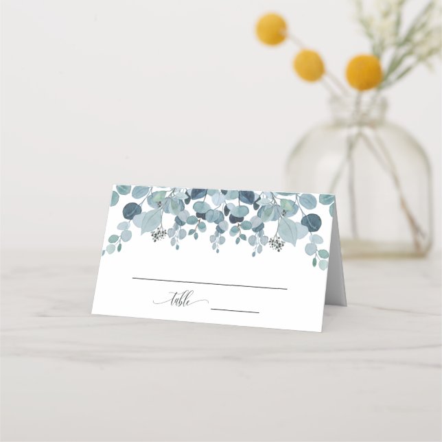 Dusty Blue Eucalyptus Greenery Wedding Place Card (Front)