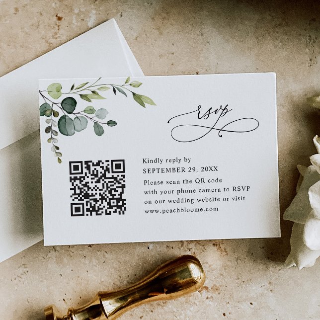Dusty Blue Eucalyptus Greenery Wedding QR Code RSVP Card (Creator Uploaded)