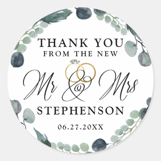 Dusty Blue Eucalyptus Greenery Wedding Thank You Classic Round Sticker (Front)
