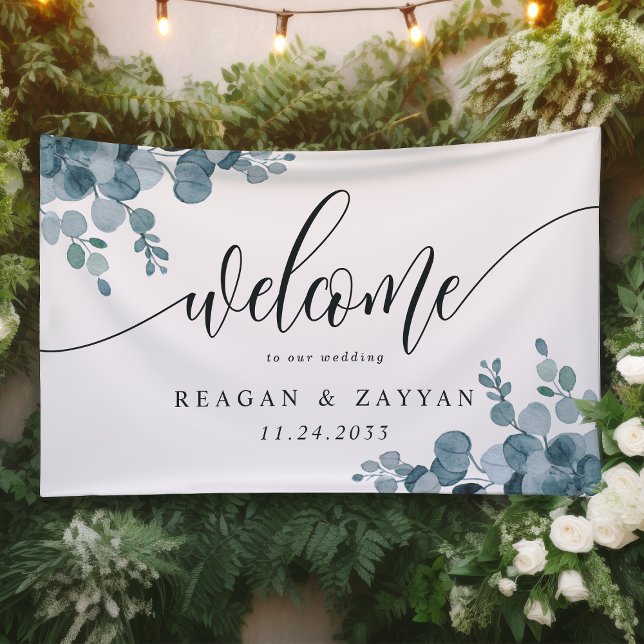 Dusty Blue Eucalyptus Greenery Wedding Welcome Banner (Creator Uploaded)