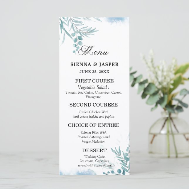 Dusty Blue Eucalyptus Greenery Wild Meadow Wedding Menu (Standing Front)
