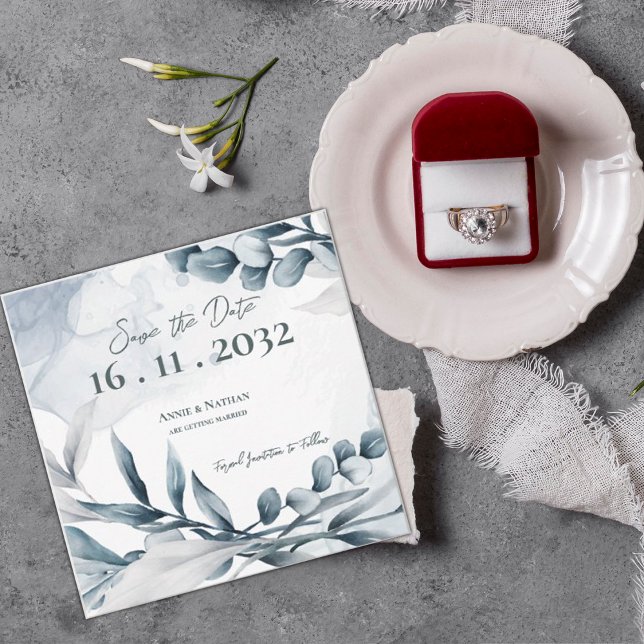 Dusty Blue Eucalyptus Leaves Elegant Wedding Save The Date (Dusty Blue Eucalyptus Leaves Elegant Wedding Save The Date)