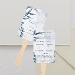 Dusty Blue Eucalyptus Leaves Wedding Program  Hand Fan