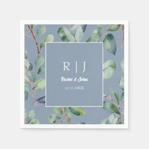 Dusty Blue Eucalyptus Monogram Greenery Wedding Napkin