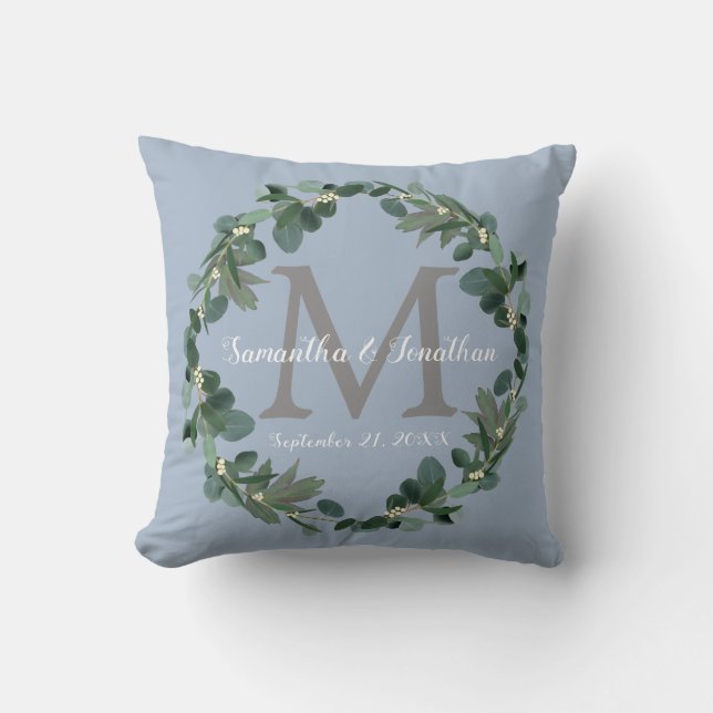 Dusty Blue Eucalyptus Monogram Wedding Keepsake Cushion (Front)