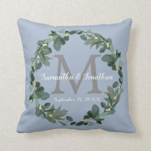 Dusty Blue Eucalyptus Monogram Wedding Keepsake Cushion