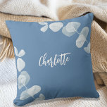 Dusty blue eucalyptus name script cushion<br><div class="desc">A dusty blue background decorated with eucalyptus.  Personalise and add a name.</div>
