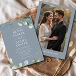 Dusty Blue Eucalyptus Photo Greenery Wedding Invitation<br><div class="desc">Celebrate your love with this dusty blue eucalyptus photo greenery wedding invitation, featuring your favourite photo framed with watercolor eucalyptus accents and elegant typography. The soft dusty blue background adds a romantic, timeless touch, while the greenery brings organic rustic charm. Perfect for garden, vineyard, barn, or boho chic weddings, this...</div>