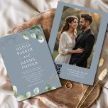Dusty Blue Eucalyptus QR Code Photo Wedding Invitation<br><div class="desc">Invite your guests with this dusty blue eucalyptus QR code photo wedding invitation, featuring your favourite photo framed with soft watercolor greenery and elegant typography. The romantic dusty blue background adds a timeless rustic touch, while the eucalyptus accents bring natural charm. A built-in QR code makes RSVPs effortless and connects...</div>