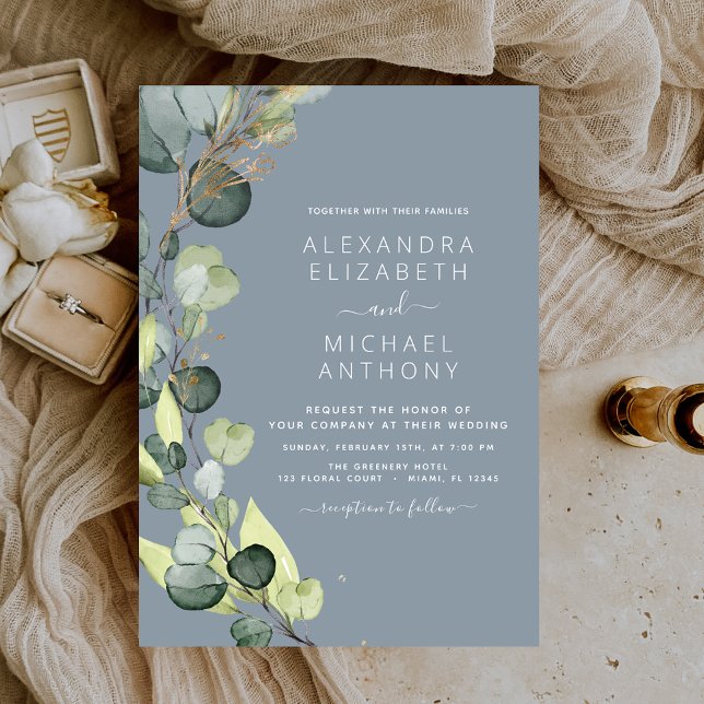 Dusty Blue Eucalyptus Rustic Greenery Wedding Invitation (Creator Uploaded)