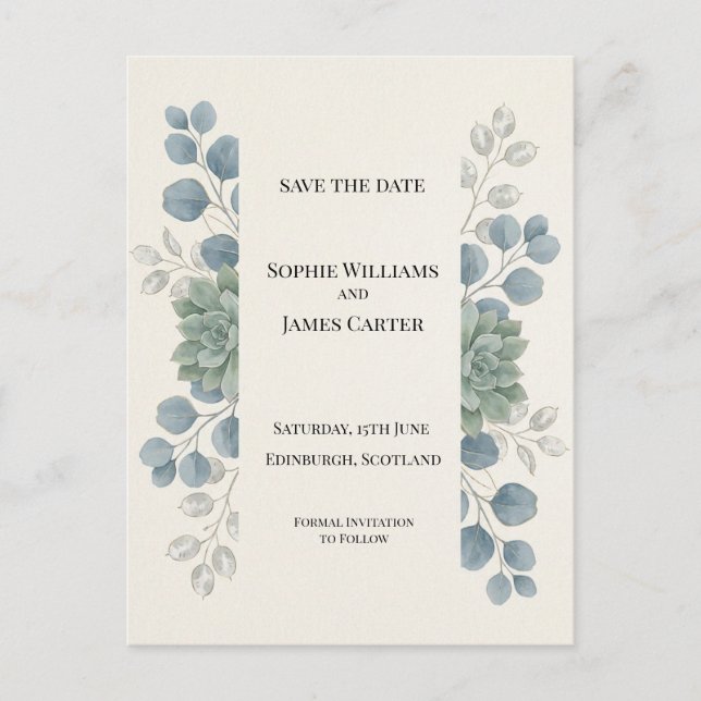 Dusty Blue Eucalyptus Save The Date Postcard (Front)