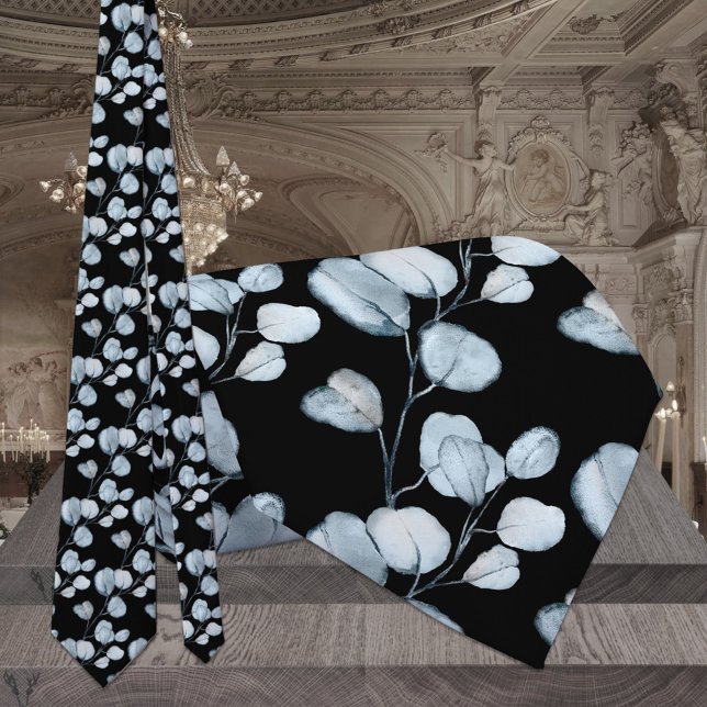 Dusty Blue Eucalyptus Sprigs Black Wedding Tie (Creator Uploaded)