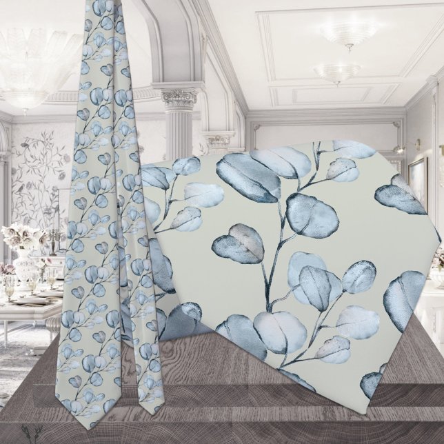 Dusty Blue Eucalyptus Sprigs Blush Sage Wedding Tie (Creator Uploaded)