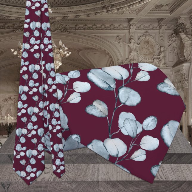 Dusty Blue Eucalyptus Sprigs Burgundy Wedding Tie (Creator Uploaded)