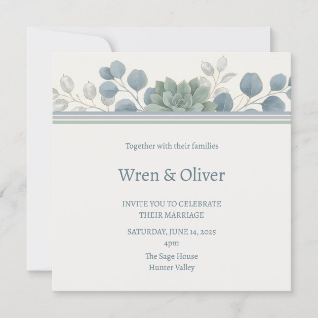 Dusty Blue Eucalyptus Succulent Wedding Invitation (Front)
