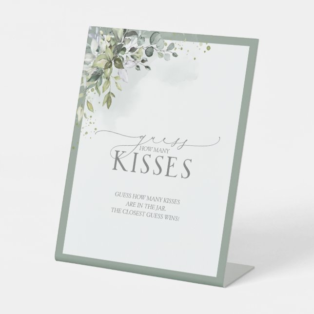 Dusty Blue Eucalyptus Watercolor How Many Kisses Pedestal Sign (Front)