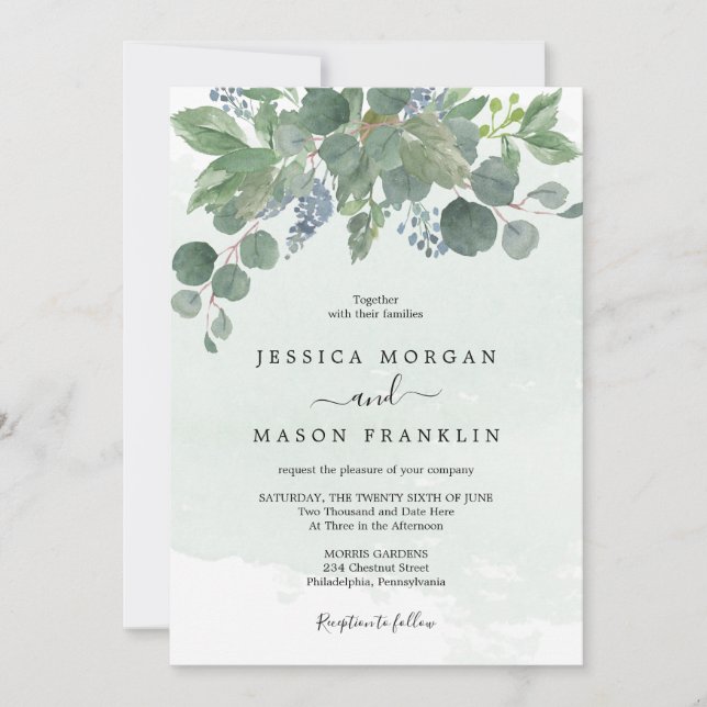 Dusty Blue Eucalyptus Wedding Invitation Card (Front)