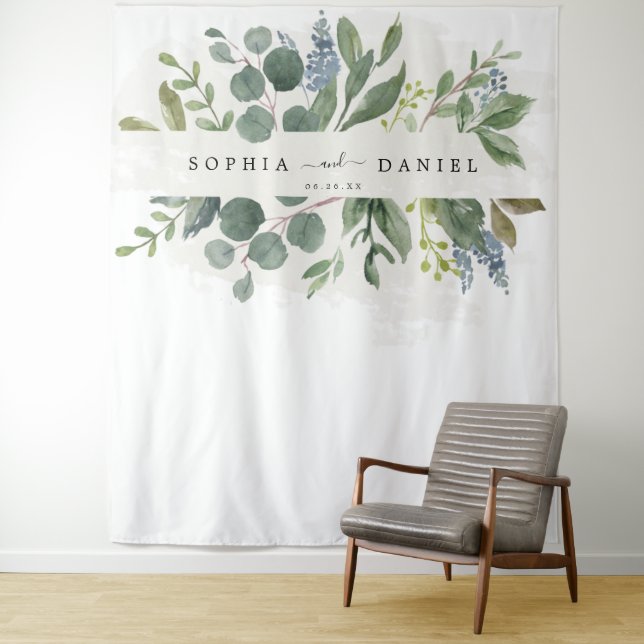 Dusty Blue Eucalyptus Wedding Photo Prop Backdrop Tapestry (In Situ)
