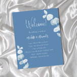 Dusty blue eucalyptus wedding program<br><div class="desc">A modern,  elegant,  wedding program,  timeline.  Dusty blue background,  decorated with eucalyptus,  sprigs. Personalise and add your names and wedding details.  If you have more text it's possible to reduce the line space and also add text on the back.

1 sheet = 1 program</div>