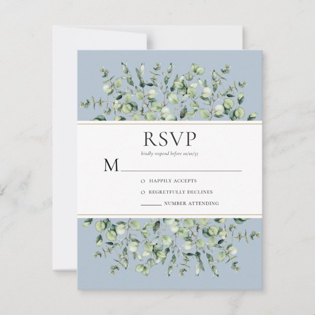 Dusty Blue Eucalyptus Wedding RSVP Card (Front)