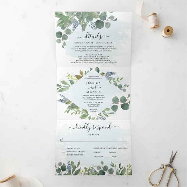 Dusty Blue Eucalyptus Wedding Tri-Fold Invitations (Inside)