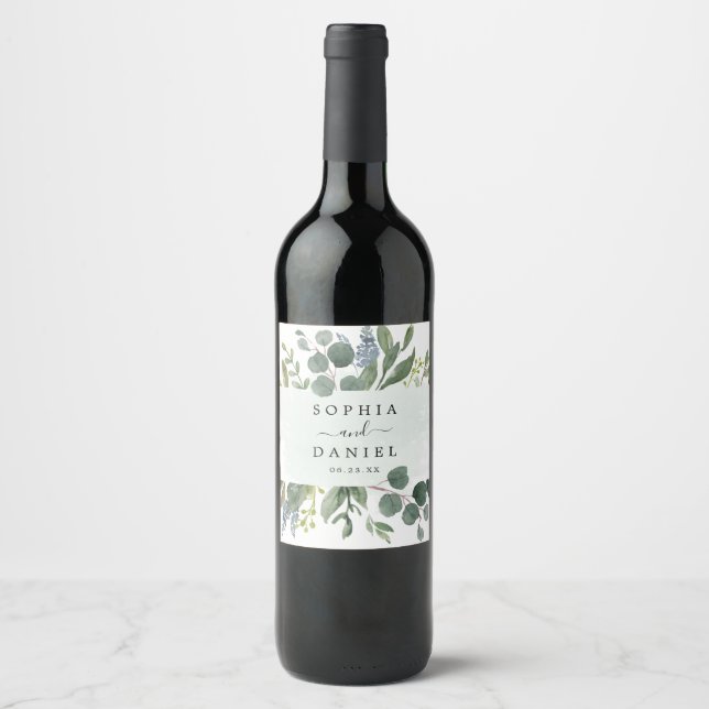 Dusty Blue Eucalyptus Wedding Wine Labels (Front)