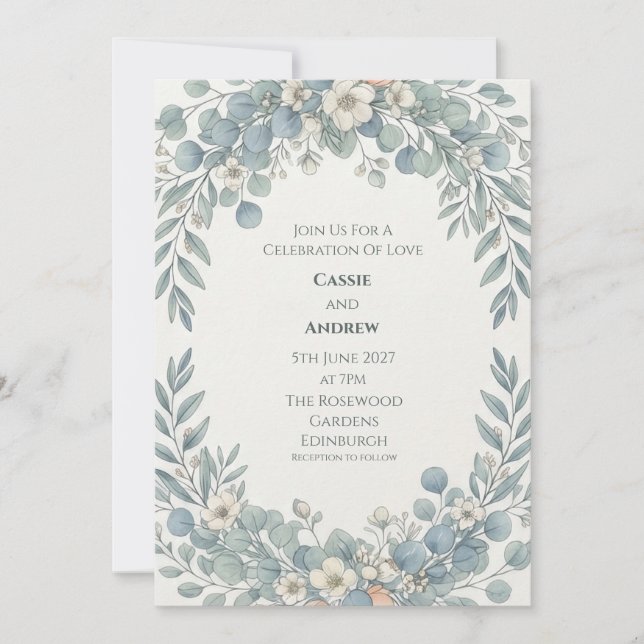 Dusty Blue Eucalyptus White Blossom Wedding Invitation (Front)
