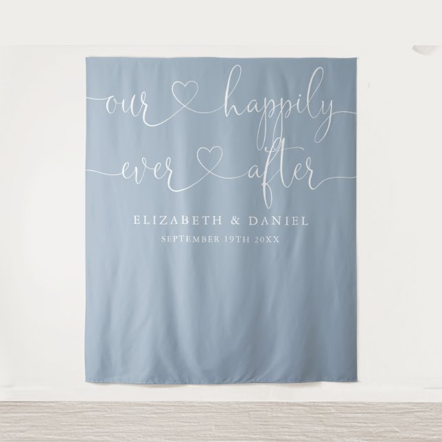 Dusty Blue Ever After Heart Script Wedding Tapestry (Front)