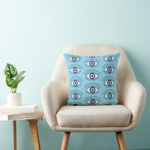 Dusty Blue Evil Eye Patterned Reversible Cushion