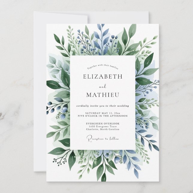 Dusty Blue Exquisite Botanical Wedding Invitation (Front)
