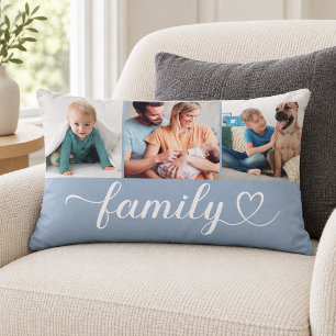 Dusty Blue Family Heart 3 Photo Collage Lumbar Cushion