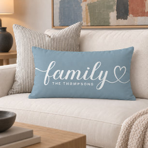 Dusty Blue Family Heart Script Monogram Lumbar Cushion