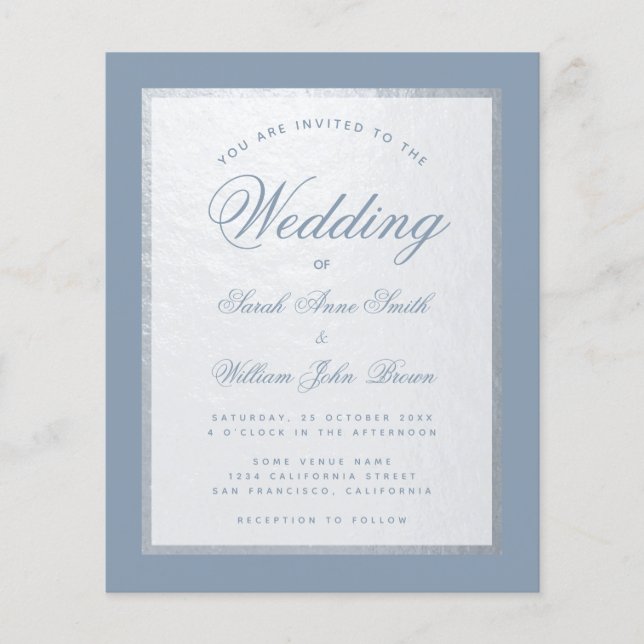 Dusty Blue Faux Silver Budget Wedding Invitation  (Front)