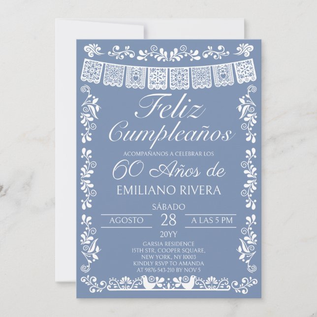 Dusty Blue Feliz Cumpleaños 60th Birthday Invitation (Front)