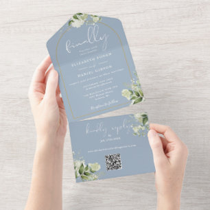 Dusty Blue Finally Arch GreeneryQR Code Wedding All In One Invitation